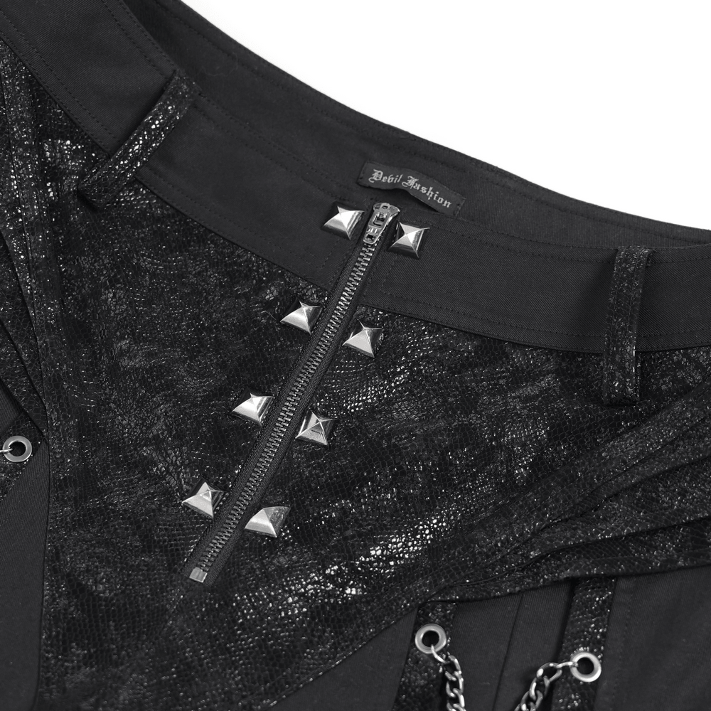 Black Gothic Wide Leg Pants with Chains and Studs featuring zipper trim and pyramid studs.