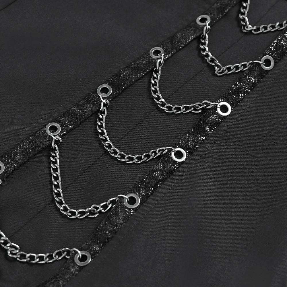 Black Gothic Wide Leg Pants with Chains and Studs detailed view of layered chains and studs