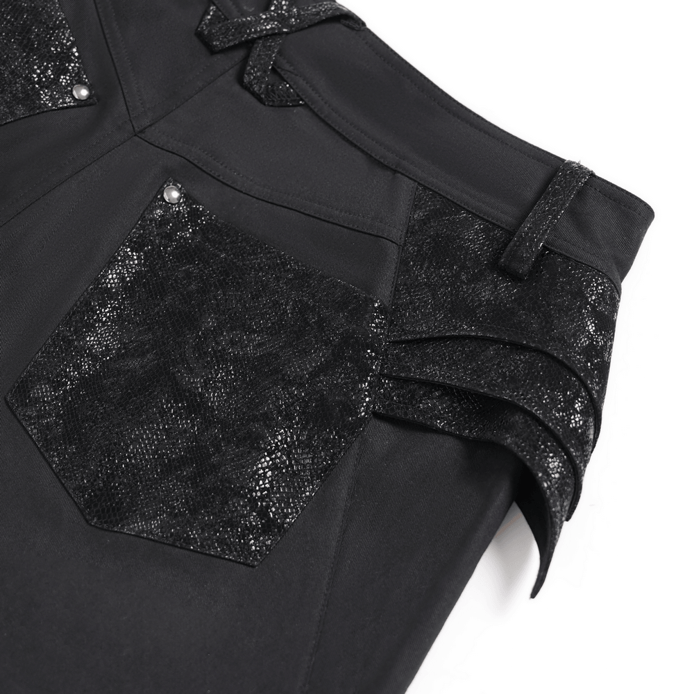 Black Gothic Wide Leg Pants with Chains and Studs close-up featuring layered textured hip panels and patch pocket.