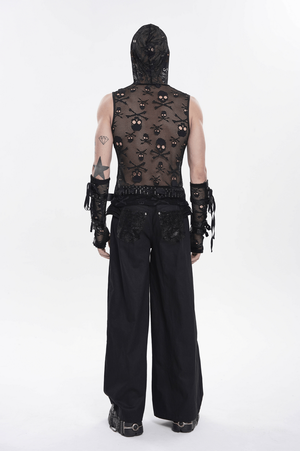 Black Gothic Wide Leg Pants with Chains and Studs paired with a mesh skull top, showcasing a striking cyberpunk look.
