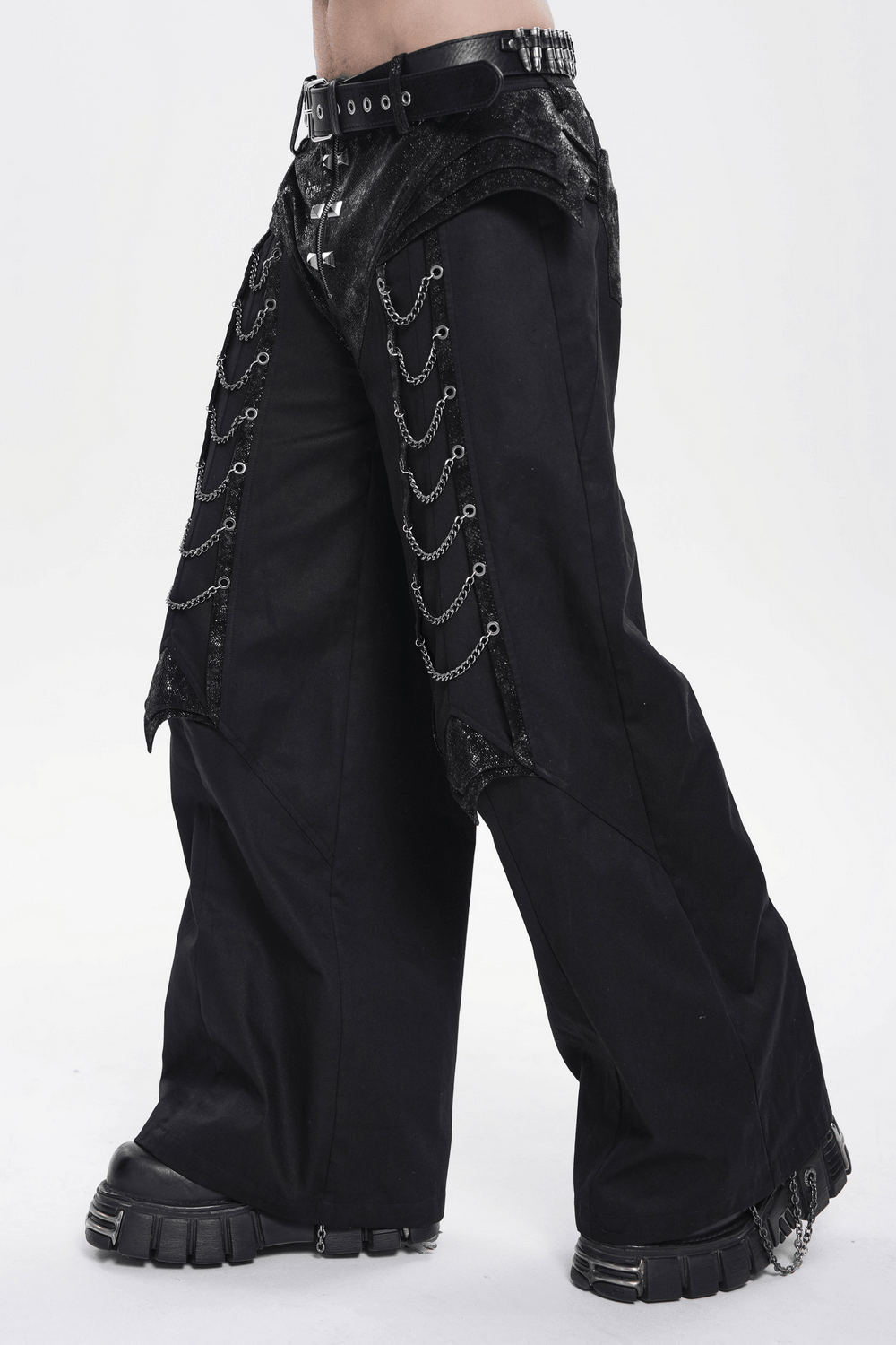 Black Gothic Wide Leg Pants with Chains and Studs showcasing layered panels and chains for a striking gothic look.