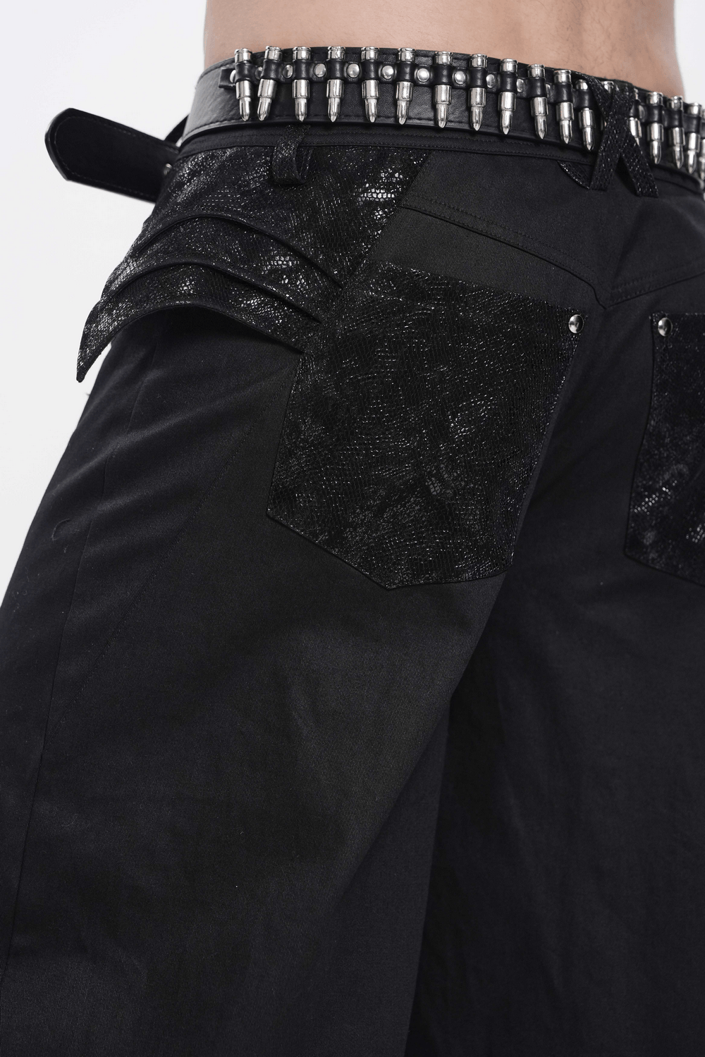 Black Gothic Wide Leg Pants with Chains and Studs showing layered hip panels and pyramid studs.
