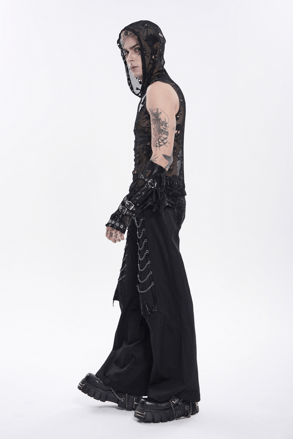 Black Gothic Wide Leg Pants with Chains and Studs featured in a cyberpunk streetwear outfit.