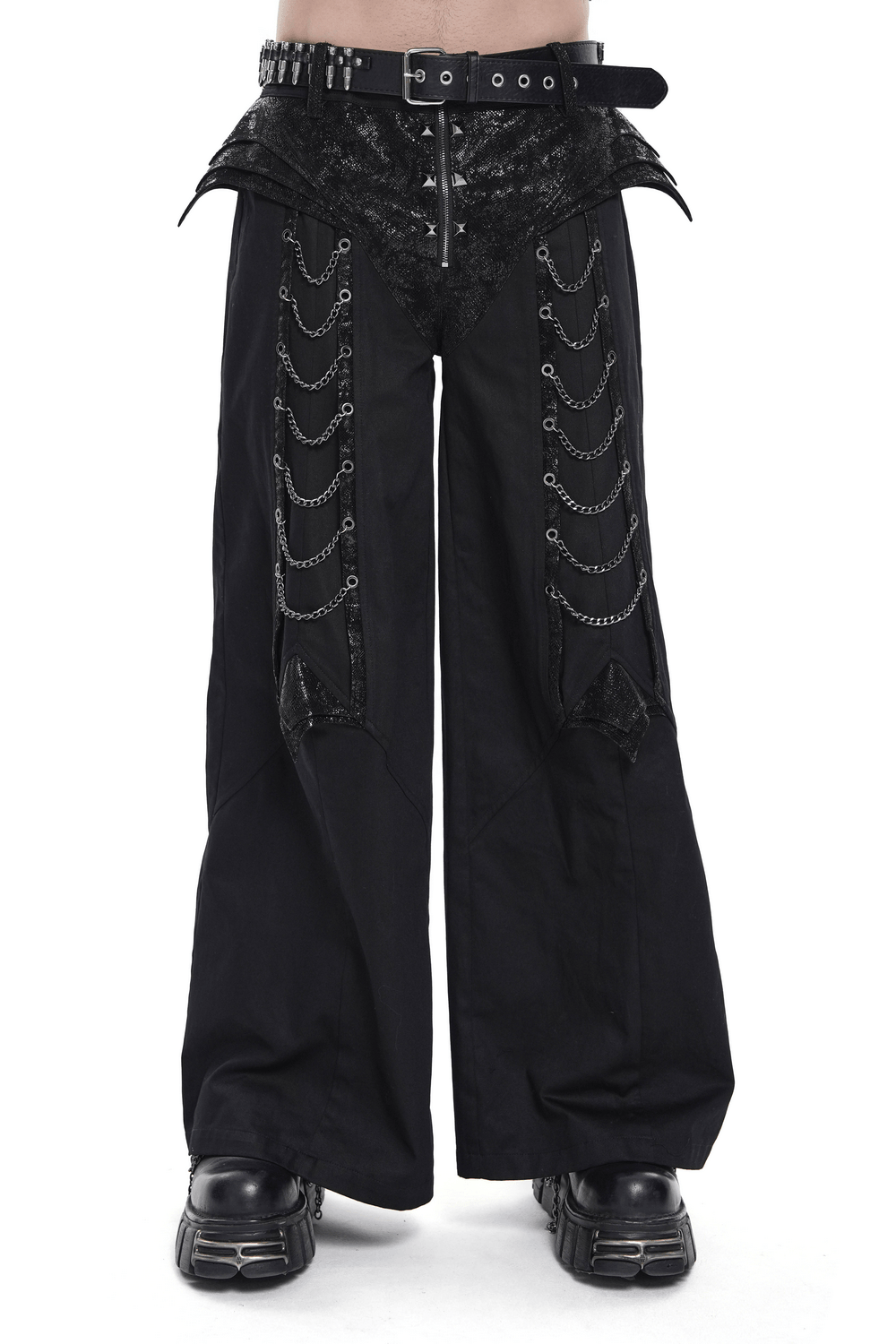 Black Gothic Wide Leg Pants with Chains and Studs featuring layered panels and metal chains for a cyberpunk style.