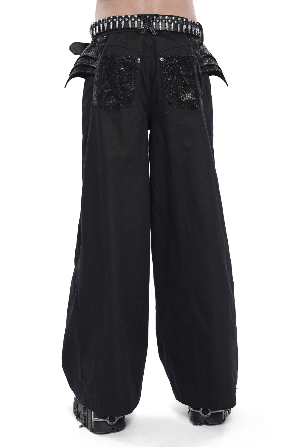 Black Gothic Wide Leg Pants with Chains and Studs showcasing textured hip panels and back pockets.