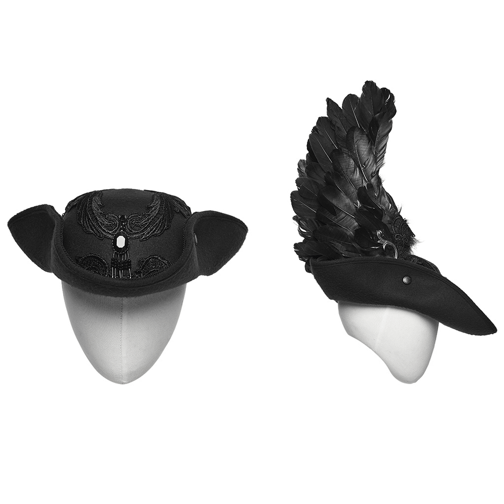 Black Gothic Wool Hat with Feathered Demon Wings showcasing the exquisite lace and detachable feather wings.
