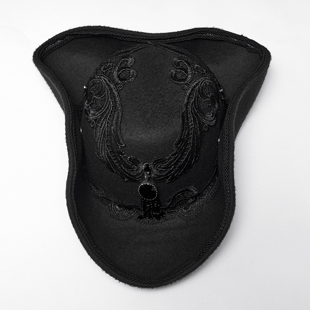 Black Gothic Wool Hat with Feathered Demon Wings with elegant lace details.