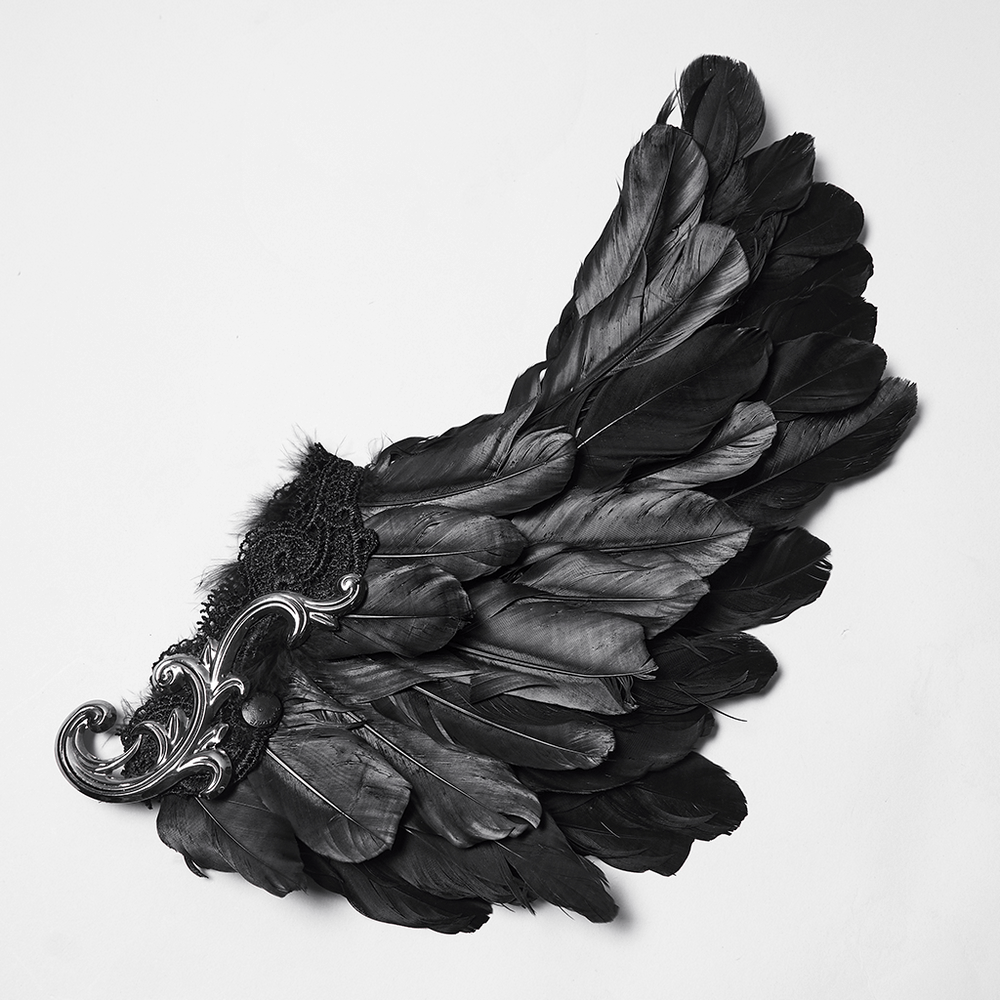 Black Gothic Wool Hat with Feathered Demon Wings side view with intricate lace and silver details