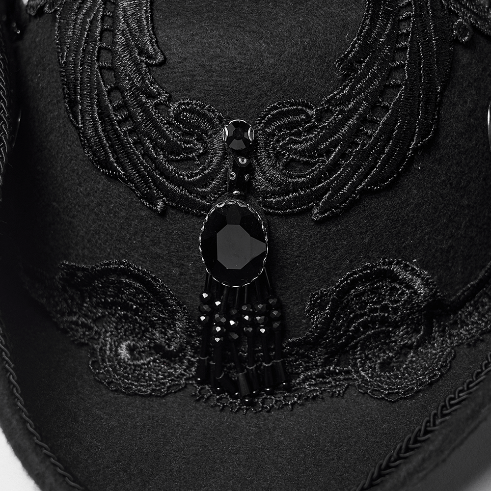 Black Gothic Wool Hat with Feathered Demon Wings intricate lace and gemstone detail inside view
