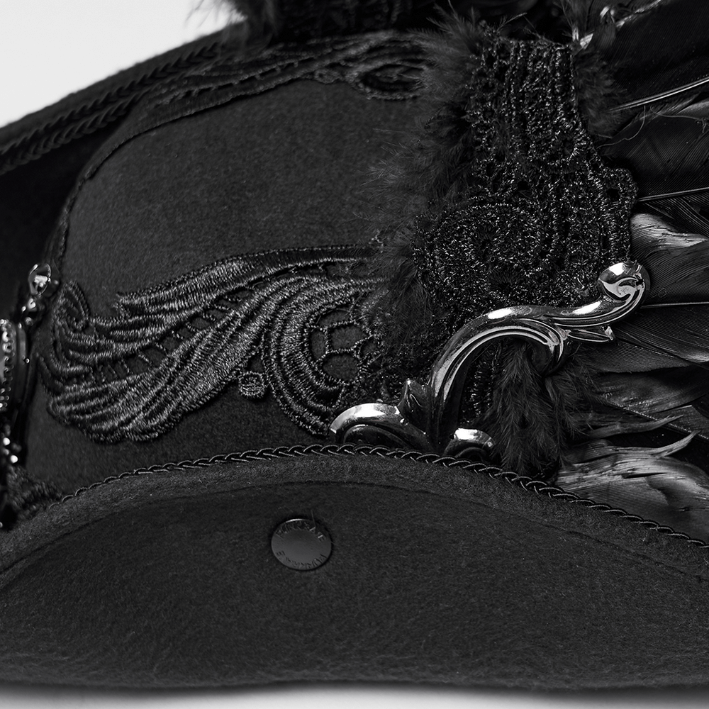 Black Gothic Wool Hat with Feathered Demon Wings showcasing lace details and detachable wings.