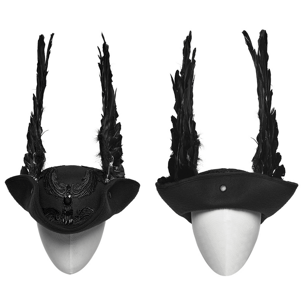 Black Gothic Wool Hat with Feathered Demon Wings featuring dramatic feathered details and gothic design.