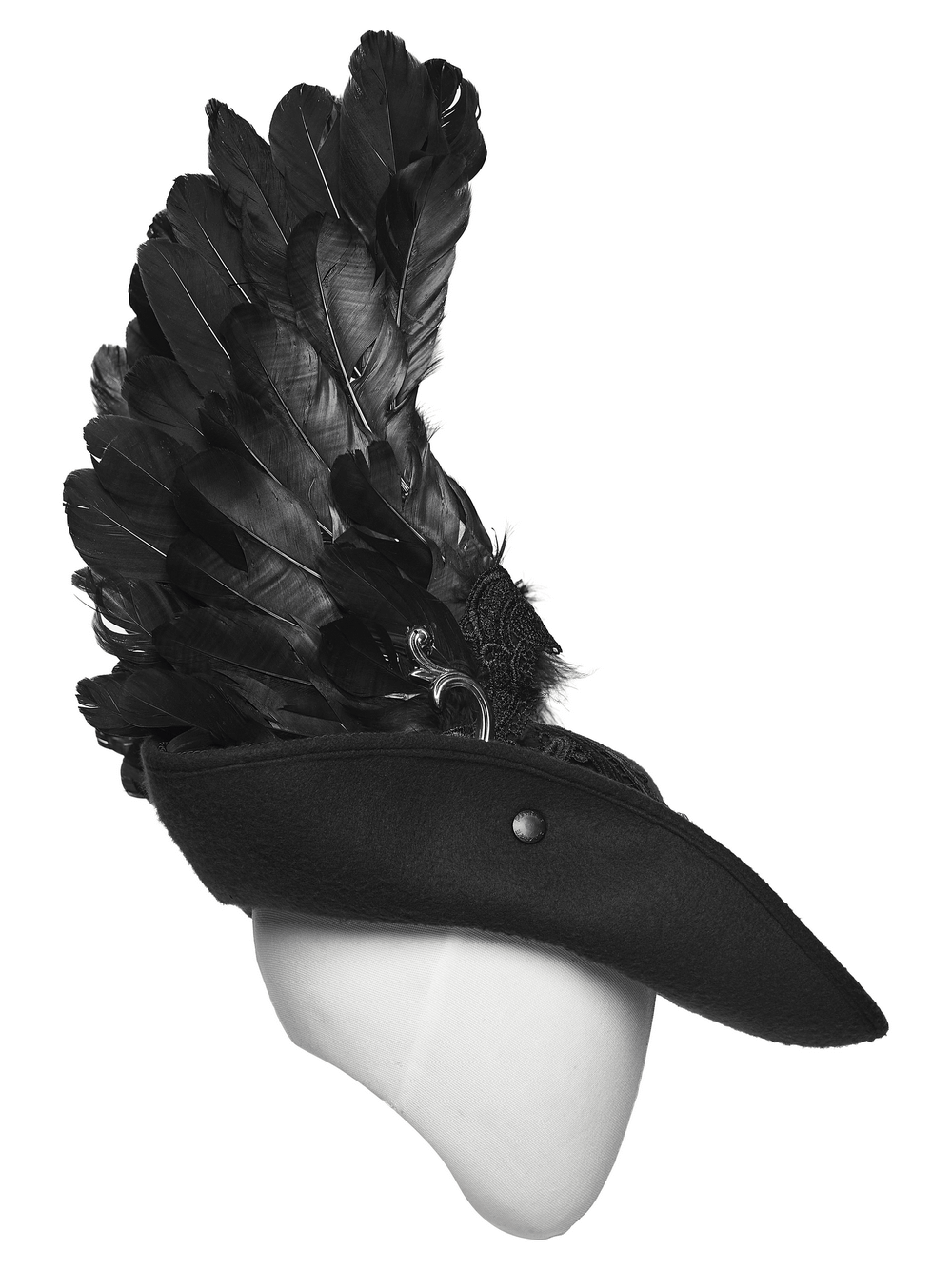 Black Gothic Wool Hat with Feathered Demon Wings - dramatic goth hat with detachable wings and fine lace details.