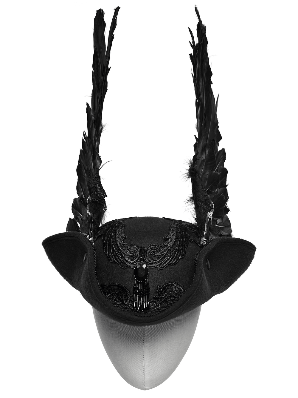 Black Gothic Wool Hat with Feathered Demon Wings featuring dramatic lace details and detachable wings.