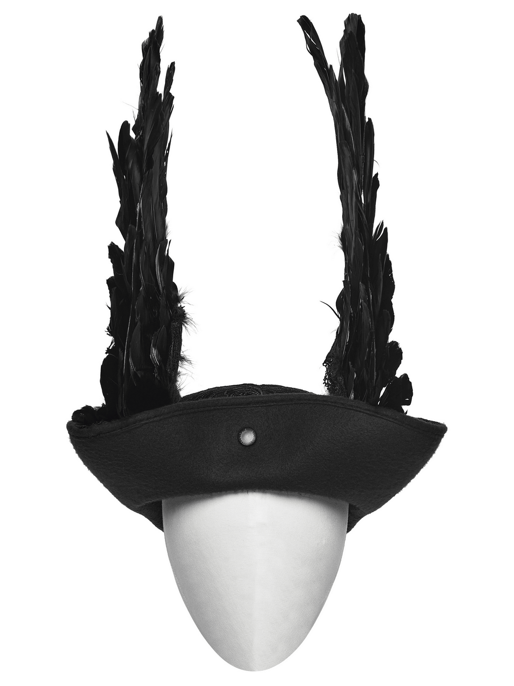 Black Gothic Wool Hat with Feathered Demon Wings displayed on a mannequin with dramatic black feathered wings.