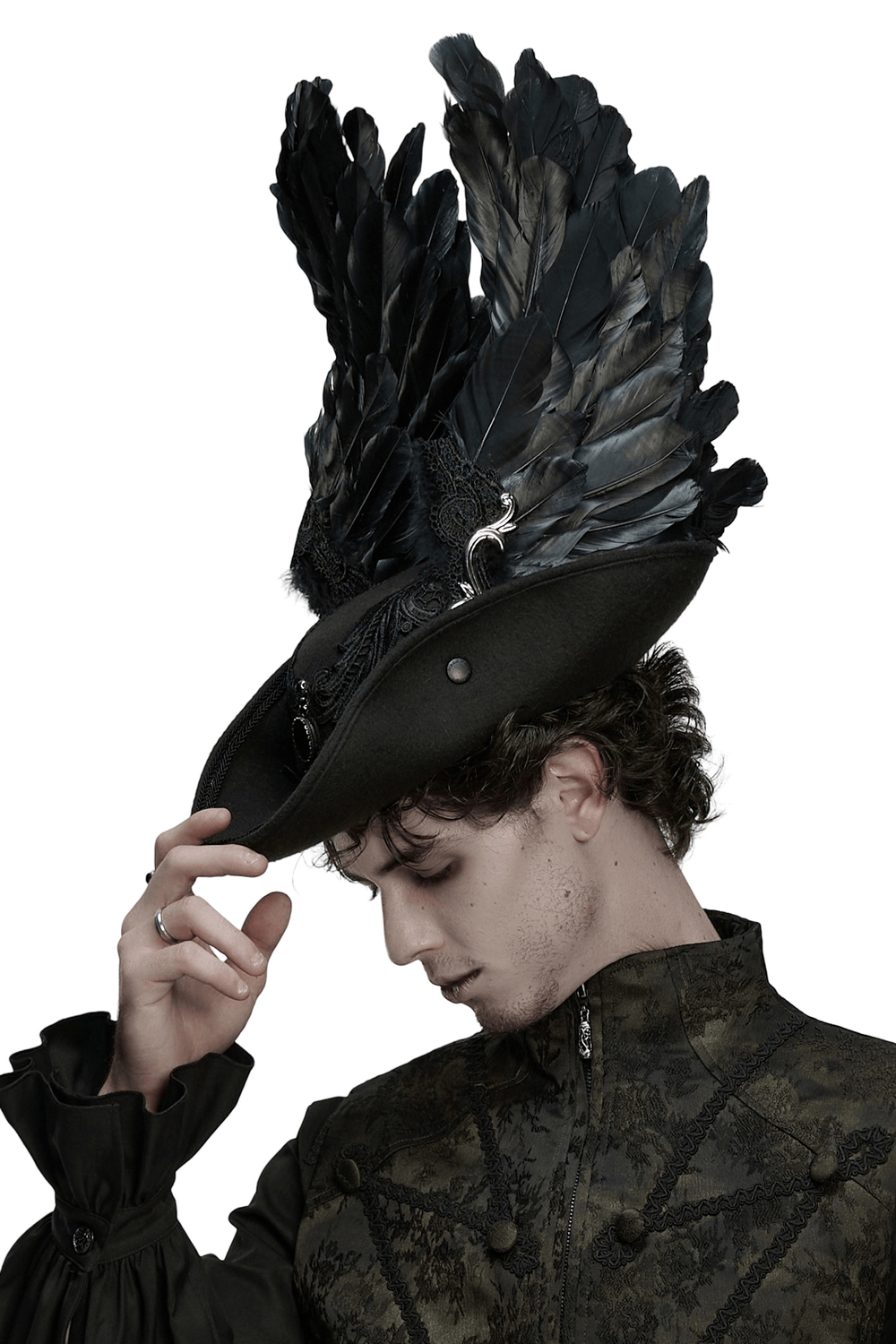 Black Gothic Wool Hat with Feathered Demon Wings worn by a model, featuring dramatic dark feathers and detailed embellishments.