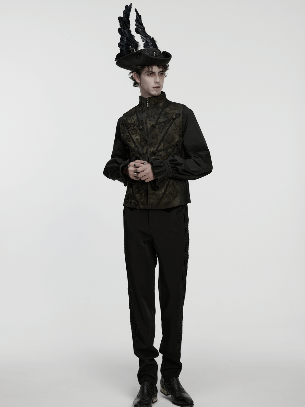 Black Gothic Wool Hat with Feathered Demon Wings worn by a model in dark gothic attire.