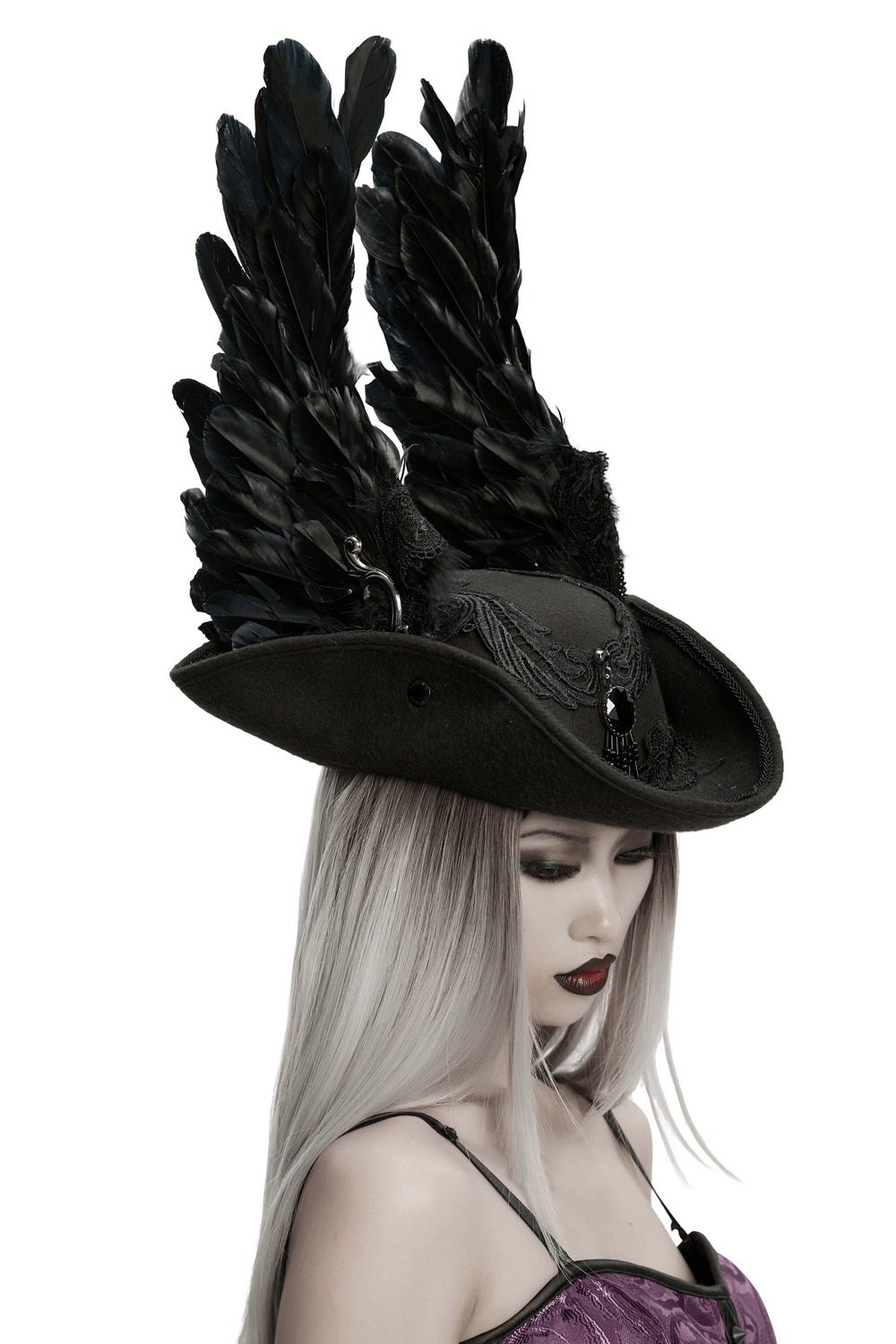 Black Gothic Wool Hat with Feathered Demon Wings worn by a model with long hair.