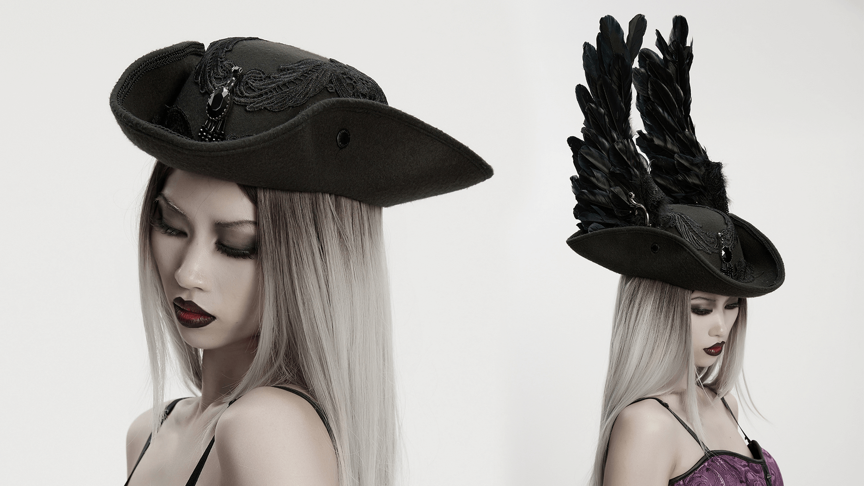 Black Gothic Wool Hat with Feathered Demon Wings on a model showcasing intricate lace and detachable wings.
