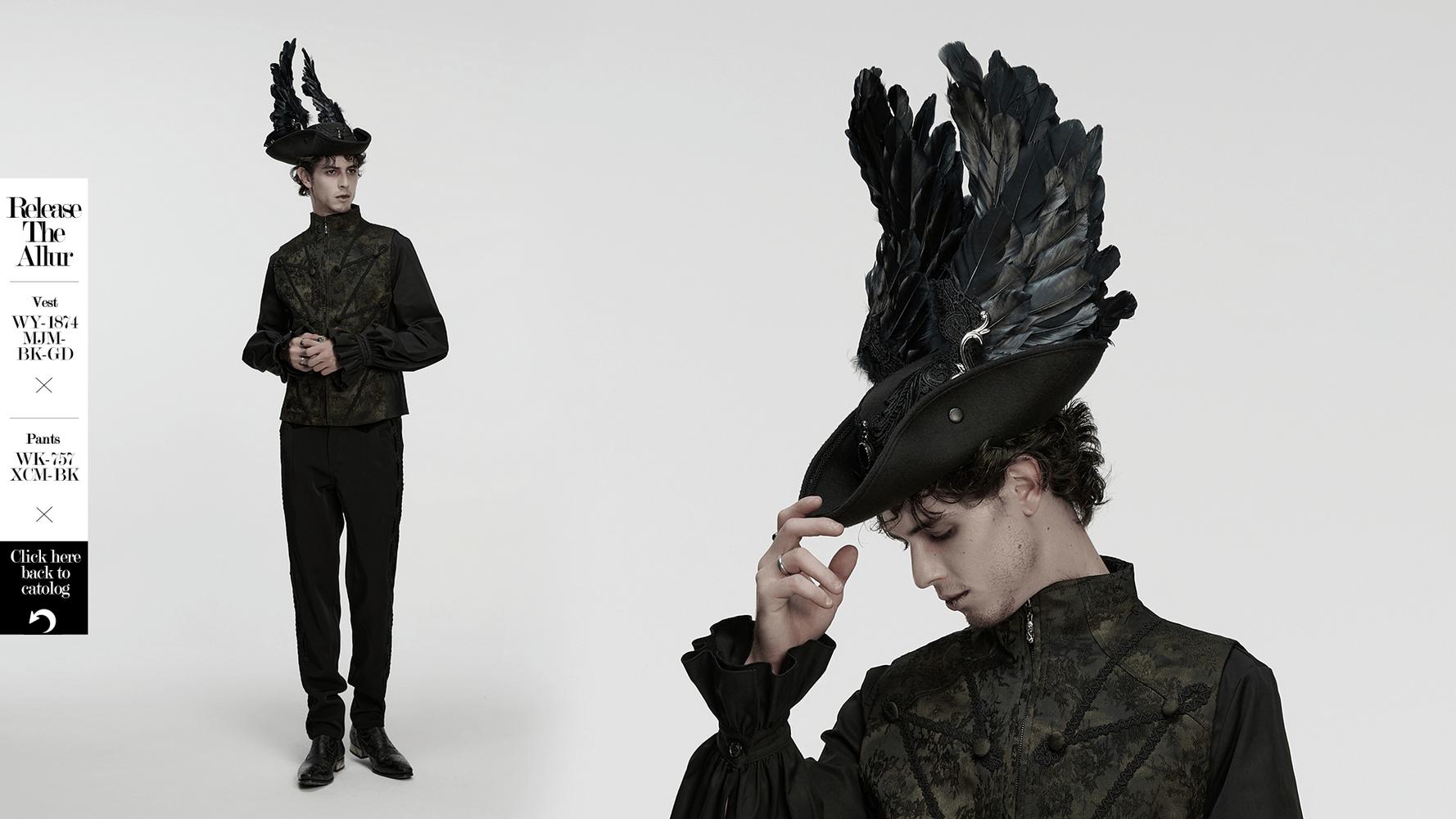 Black Gothic Wool Hat with Feathered Demon Wings worn by a model showcasing gothic fashion.