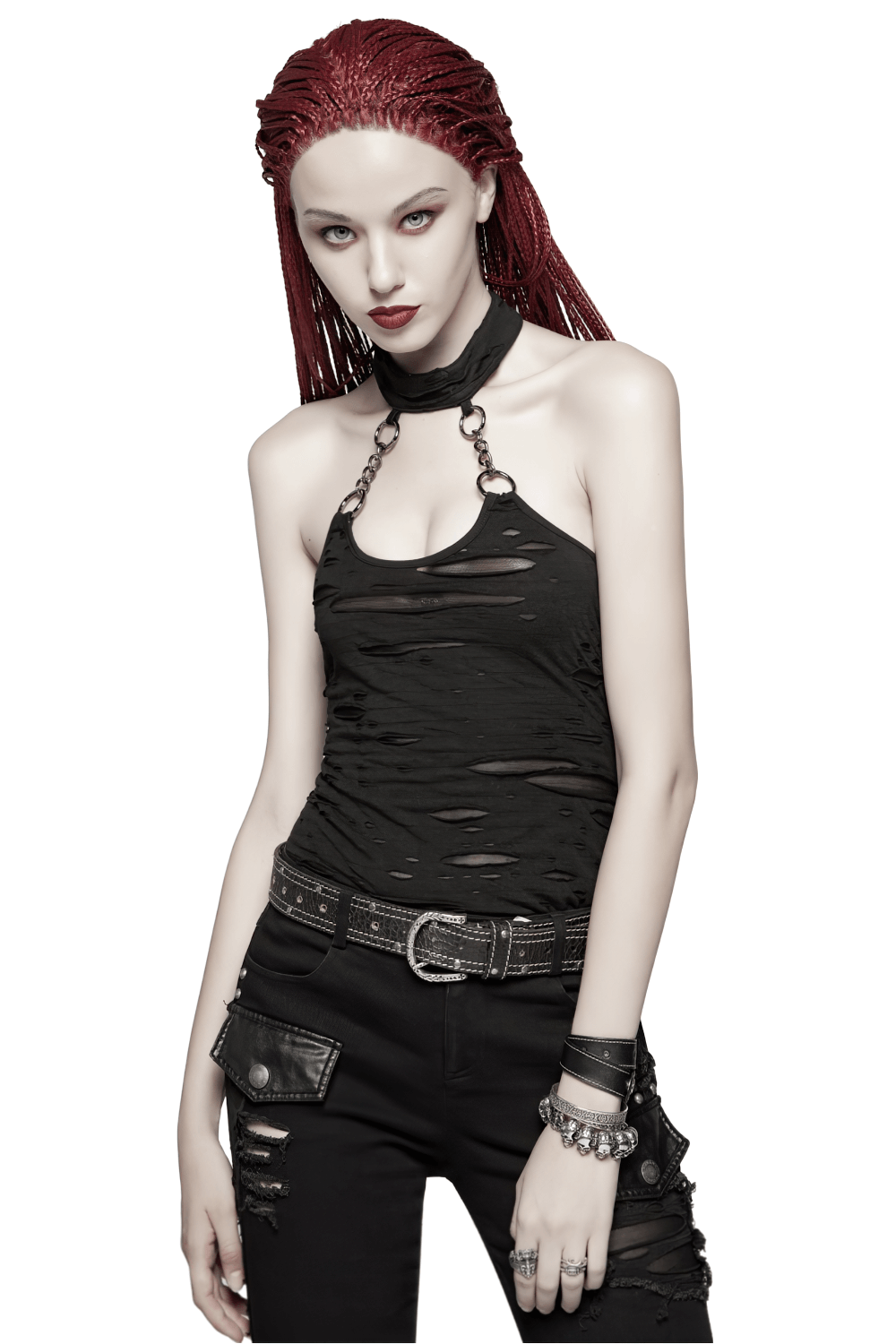 Black halter crop camisole with chain detail, featuring a punk-inspired broken-hole design.
