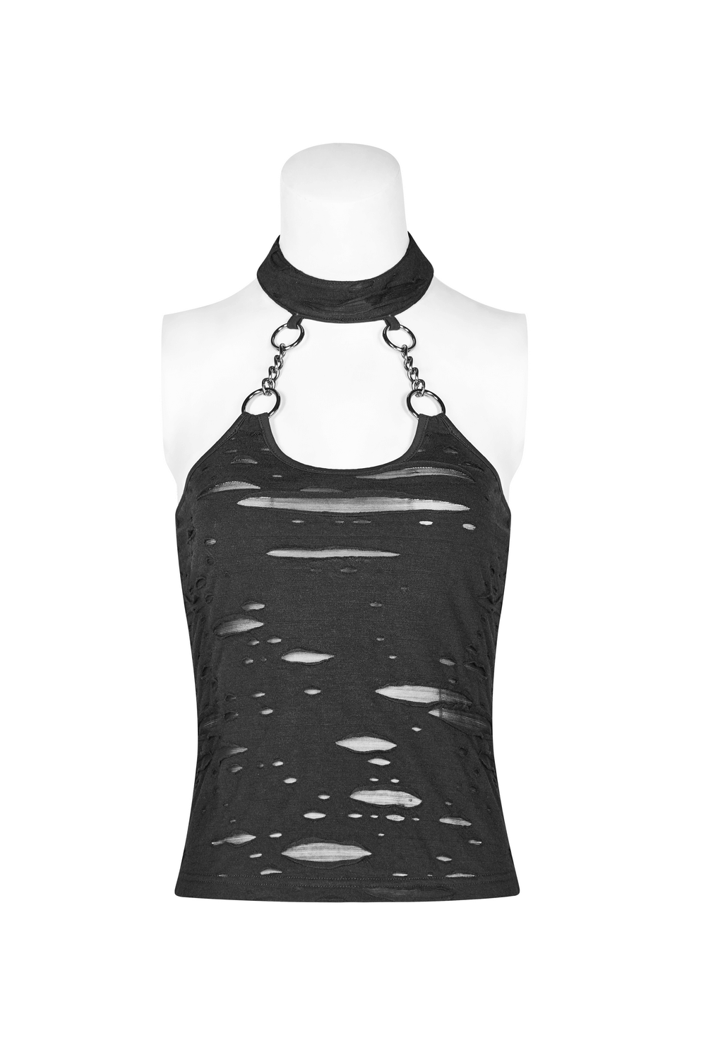 Stylish black halter crop camisole with chain neck detail and broken-hole design, perfect for a grunge look.