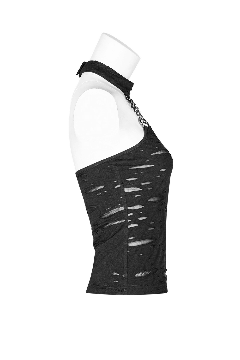 Black halter crop camisole with chain detail and broken hole design, perfect for a punk rock style.