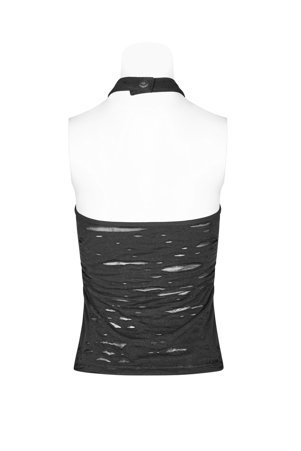 Back view of a black halter crop camisole with broken hole detailing and adjustable buckle closure.