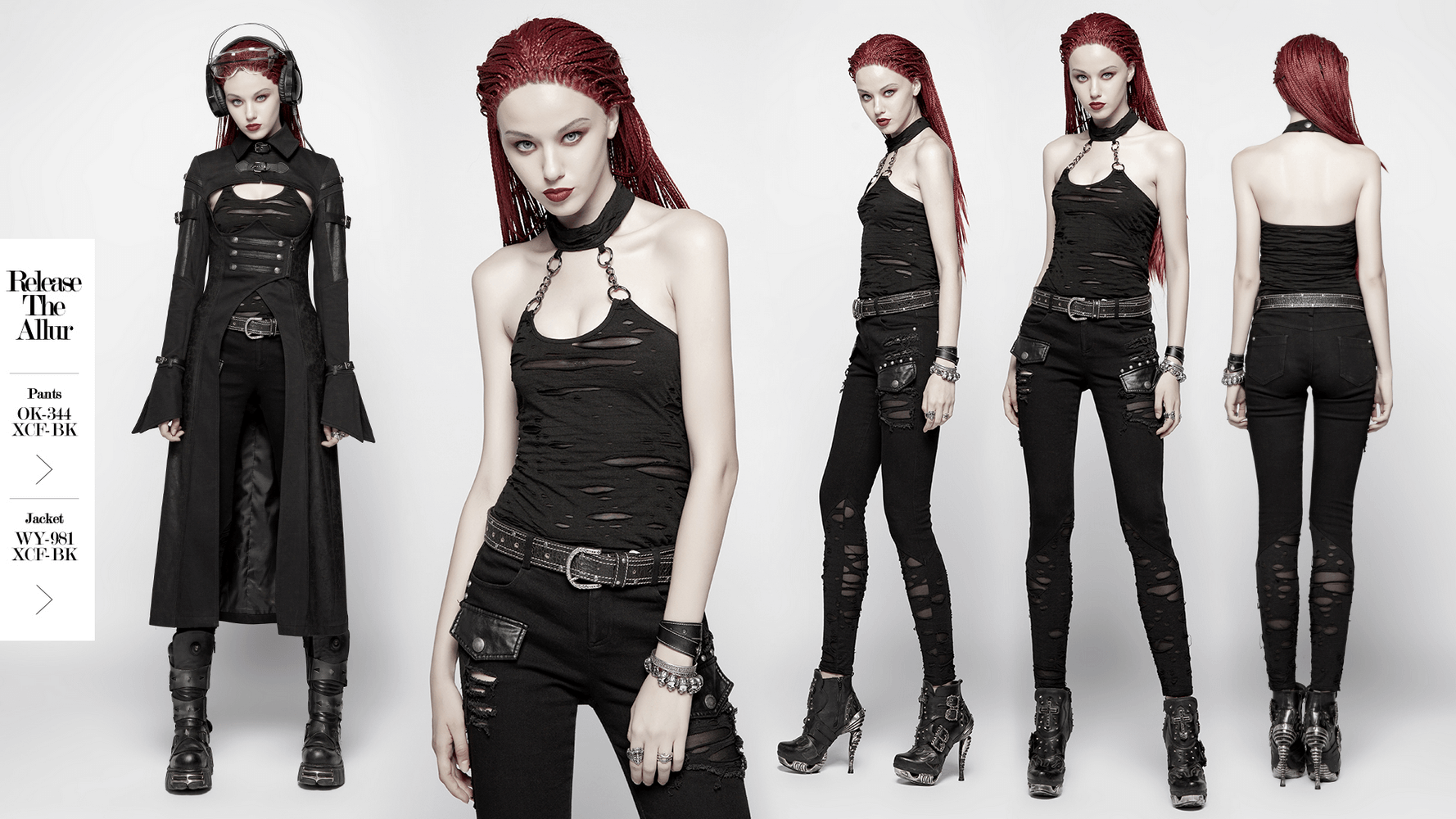 Edgy model showcasing black halter crop camisole with chain neck detail and distressed pants for a punk look.