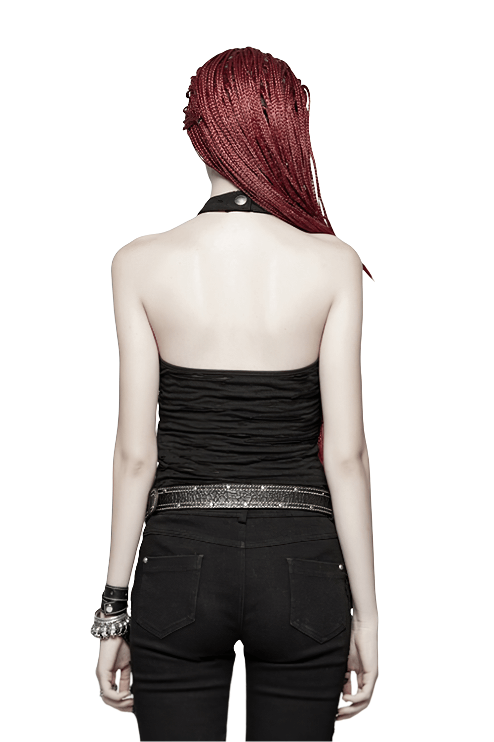 Back view of a model wearing a black halter crop camisole with a braided hairstyle and stylish accessories.