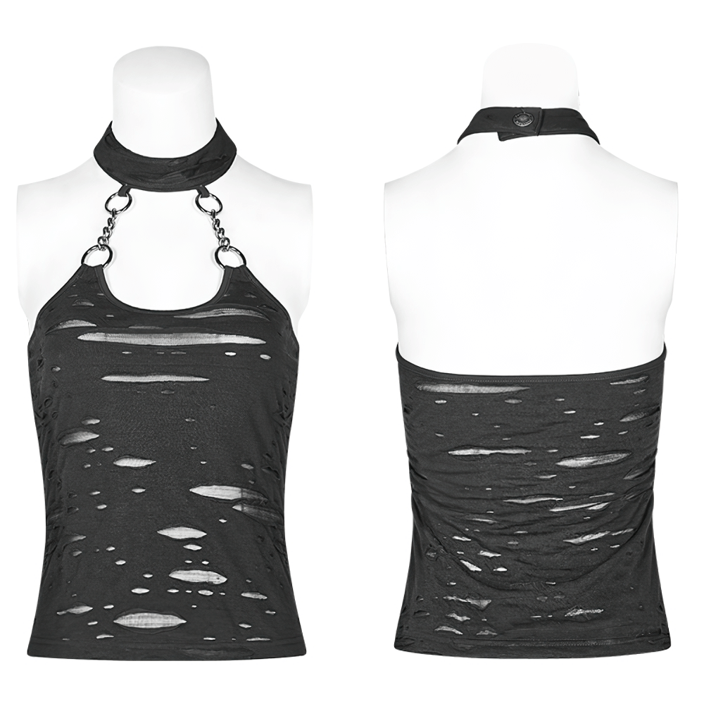 Black halter crop camisole with chain detail and broken-hole fabric, perfect for a punk rock style.