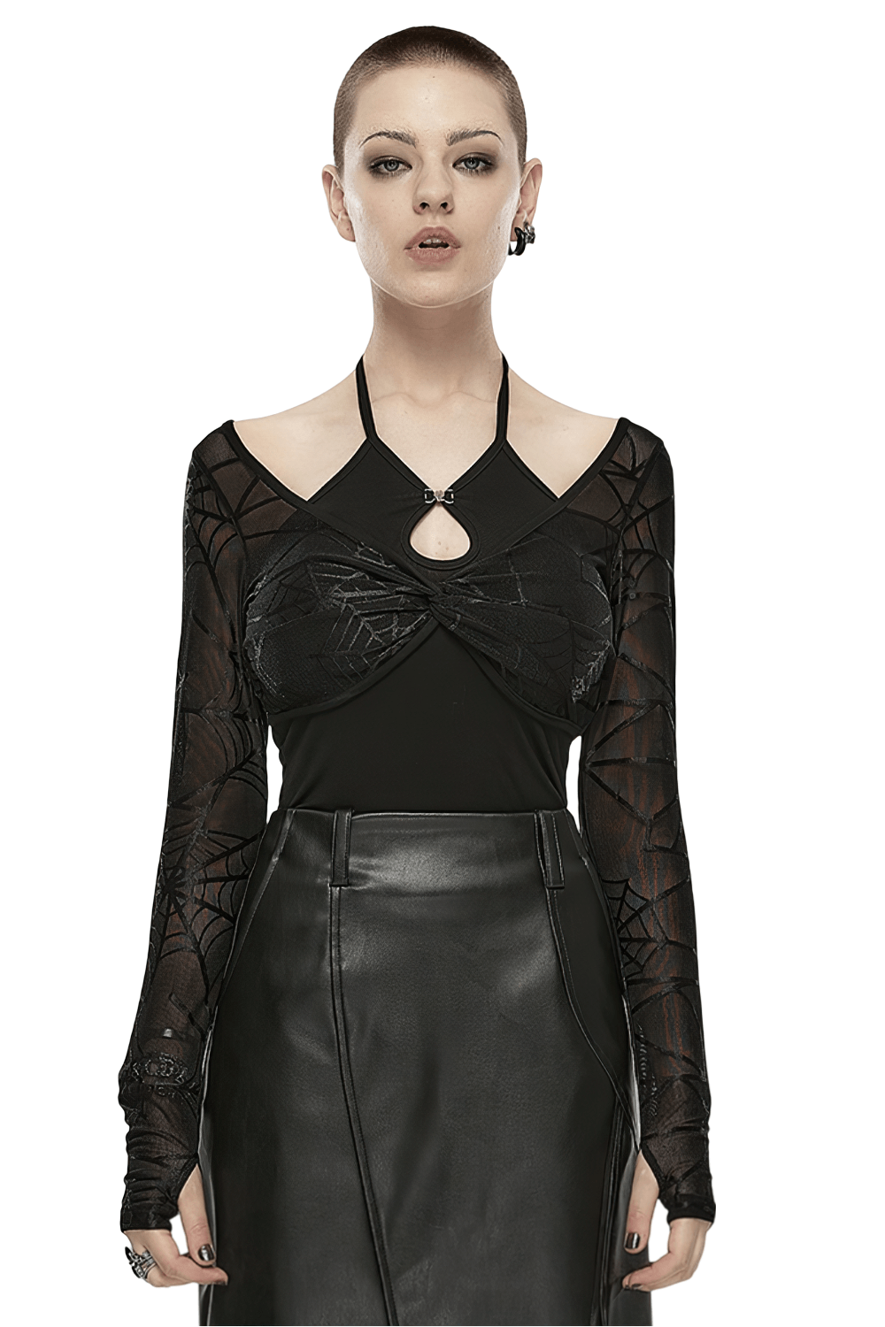 Black Halter Neck Two-Piece Top with Spiderweb Sleeves