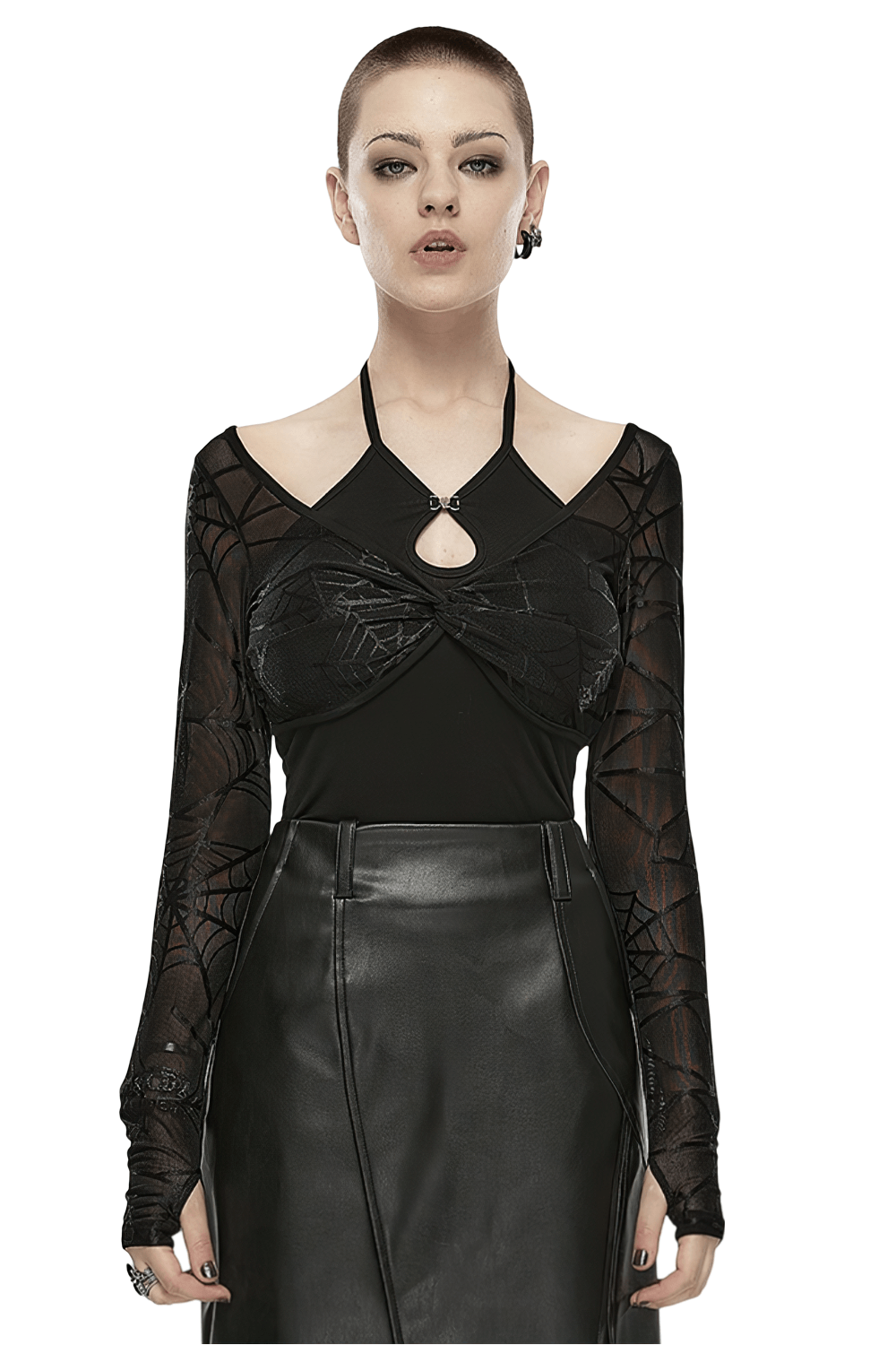 Black halter neck two-piece top with spiderweb sleeves and front twist design.