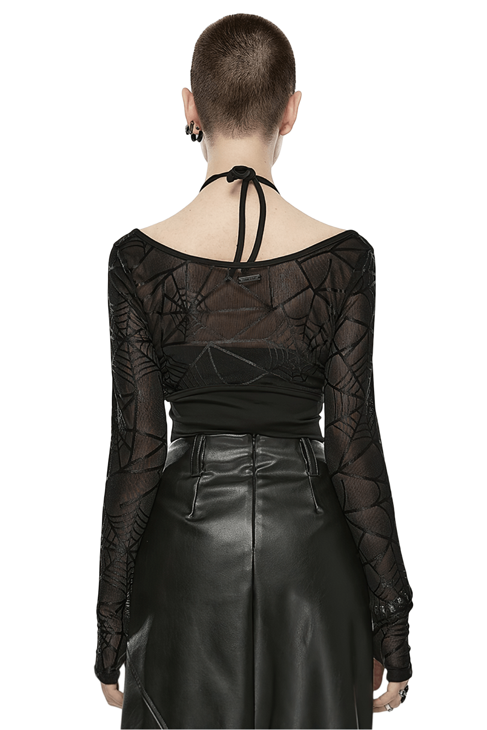 Back view of black halter neck top with spiderweb sleeves, showcasing trendy design and comfortable fit.