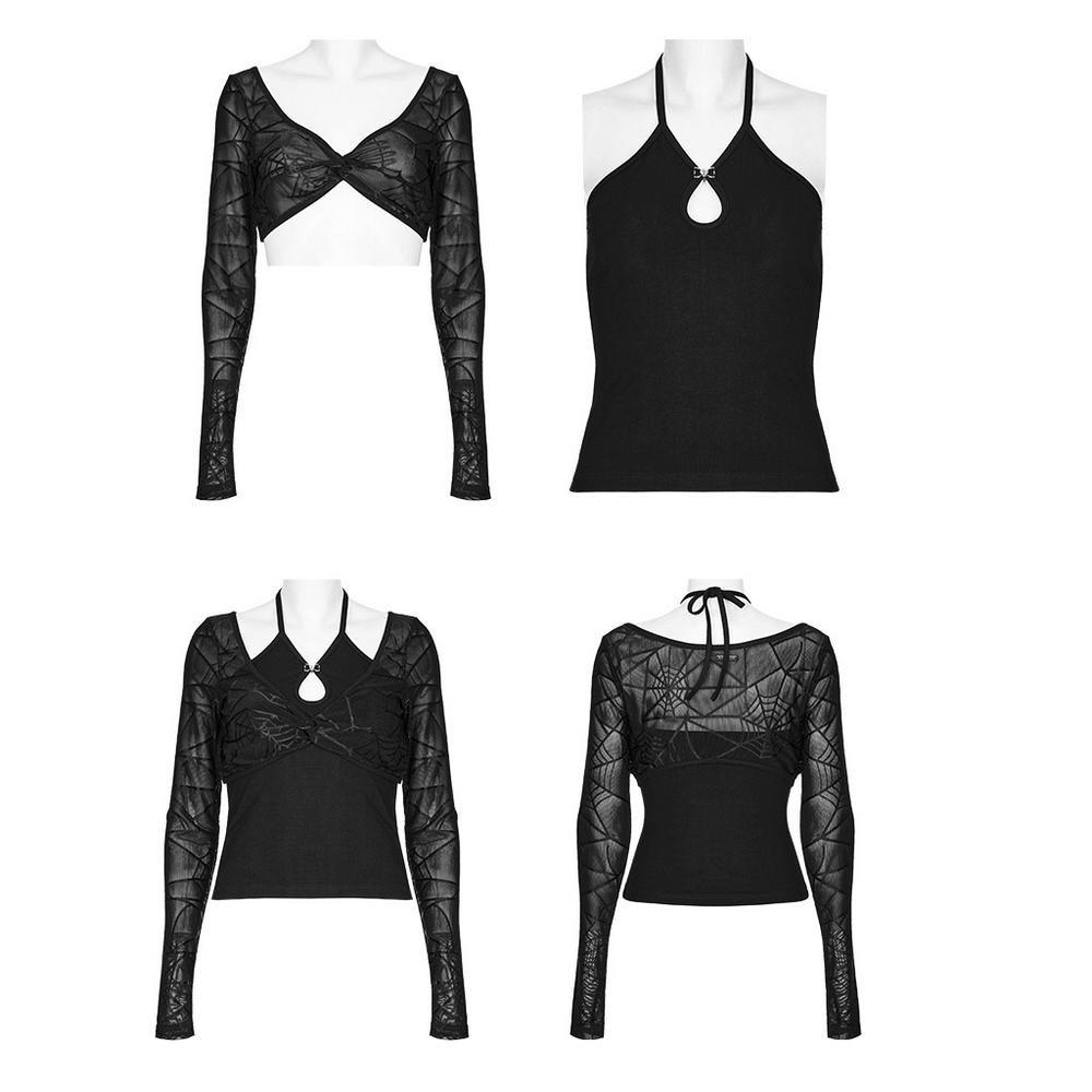 Black halter neck two-piece top with spiderweb sleeves and water-drop detail, showcasing edgy design and comfort.