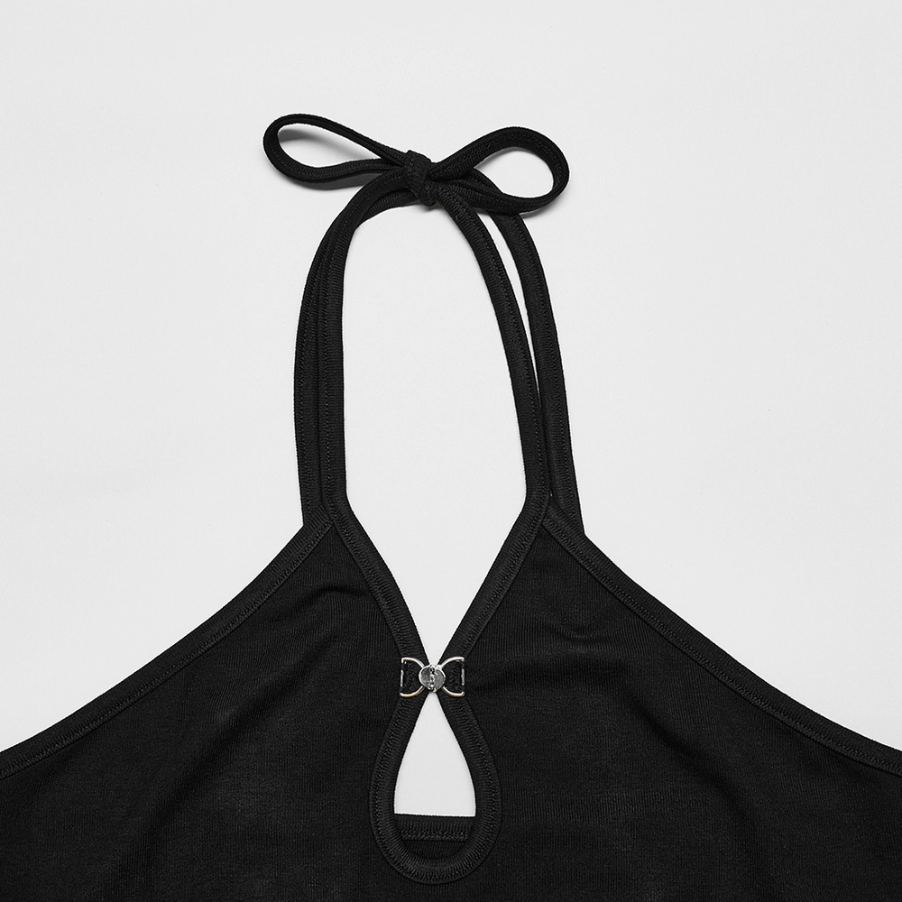 Close-up of black halter neck top featuring a water-drop hollow detail and adjustable tie.