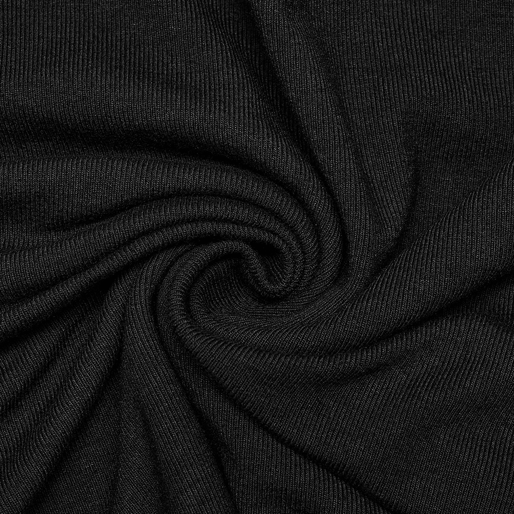 Close-up of soft black fabric, showcasing its stretchy and comfortable texture for fashion apparel.