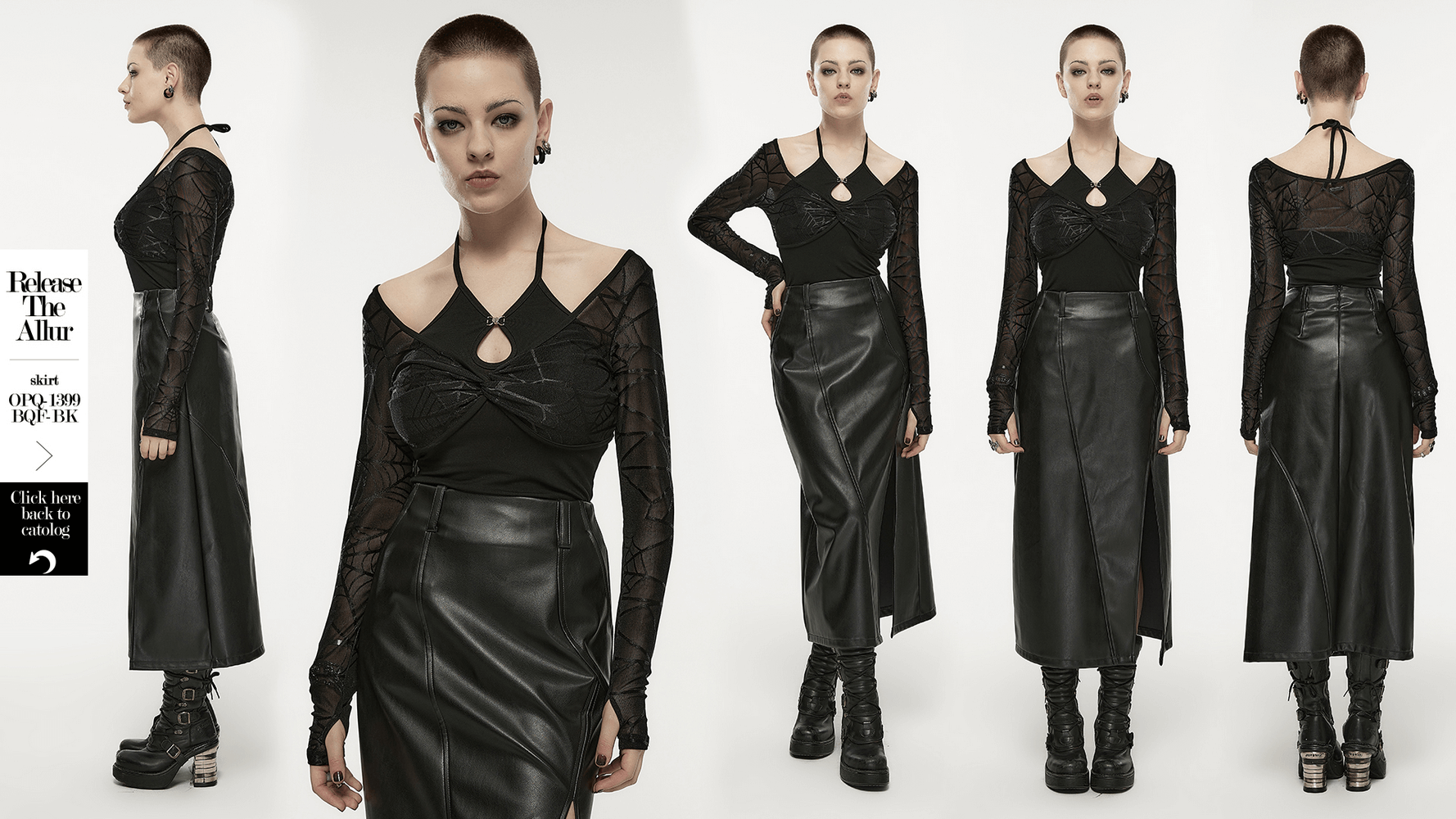 Model showcasing a black halter neck two-piece top with spiderweb sleeves and trendy front twist design.