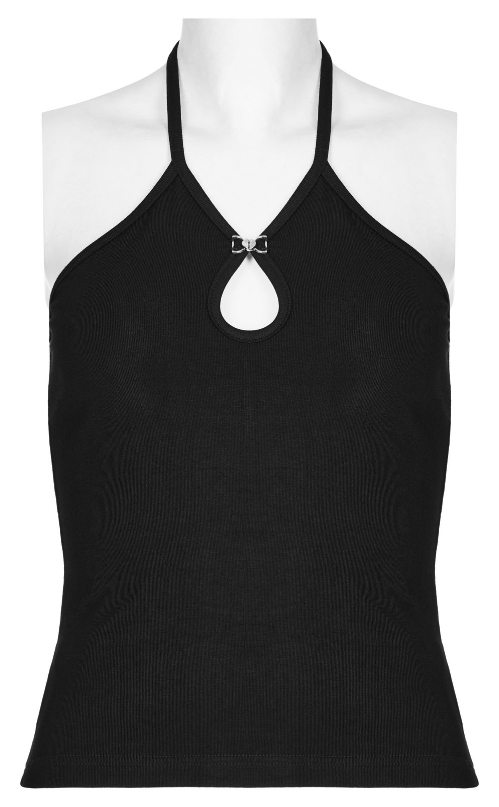 Black halter neck two-piece top with water-drop hollow detail for a trendy and edgy look.