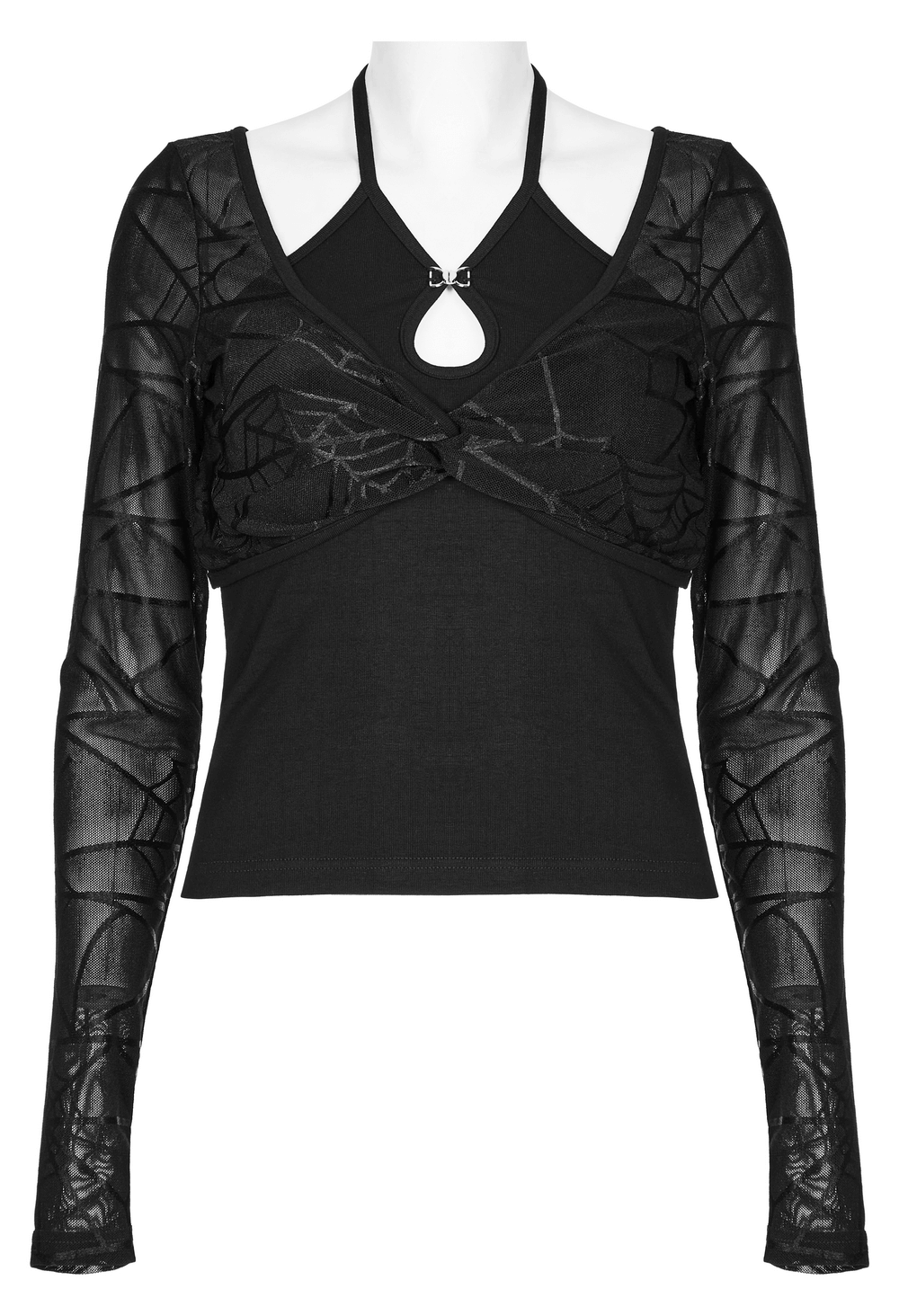 Black halter neck two-piece top with spiderweb sleeves and trendy front twist design.