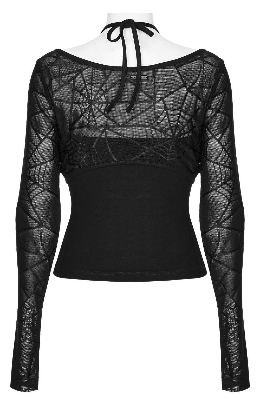 Back view of black halter neck top with spiderweb sleeves and twist front design.