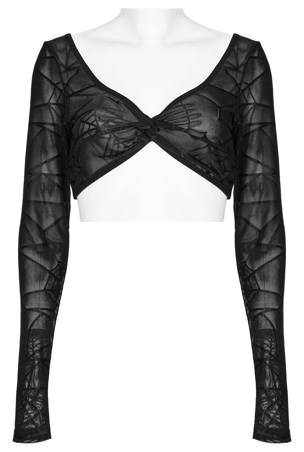 Black halter neck top with spiderweb sleeves and twisted front design, perfect for edgy fashion styling.