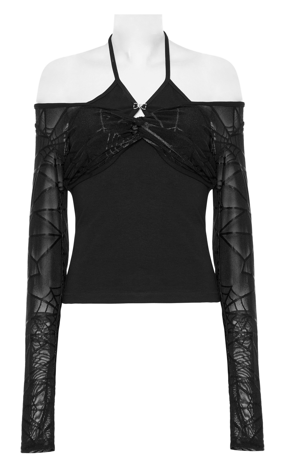 Black halter neck two-piece top with spiderweb sleeves, featuring trendy front twist design and finger holes.
