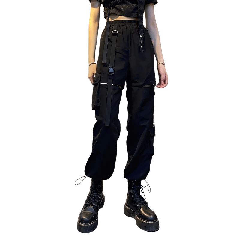Stylish black high waist cargo pants with buckle detail, perfect for street style and dance performances.