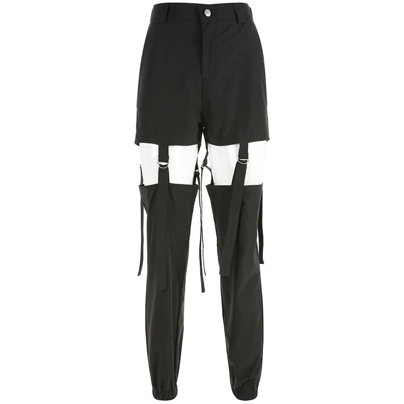 Black high waist cargo pants with buckle track element, perfect for street style and dance performances.