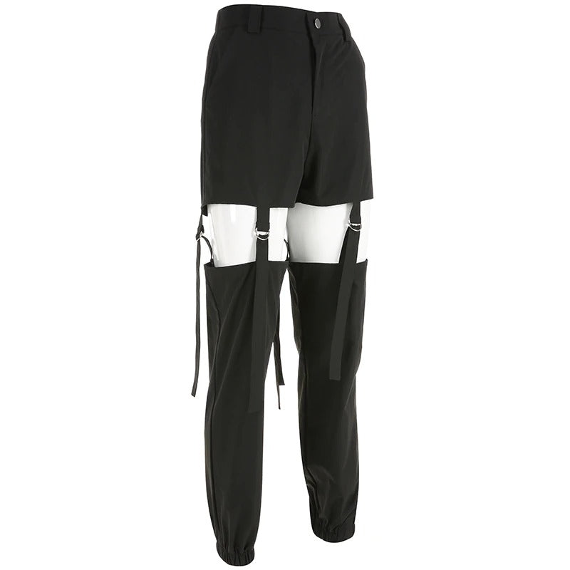 Black high waist cargo pants with buckle details and hollow out design, perfect for street style and dance performances.