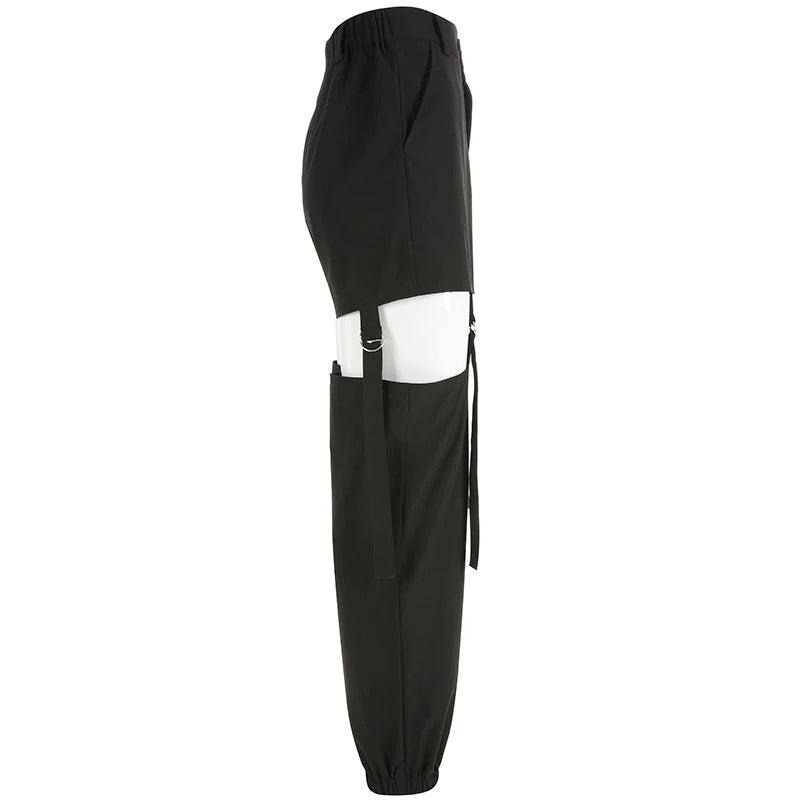 Black high waist cargo pants side view with buckle detail, perfect for street style and dance performances.