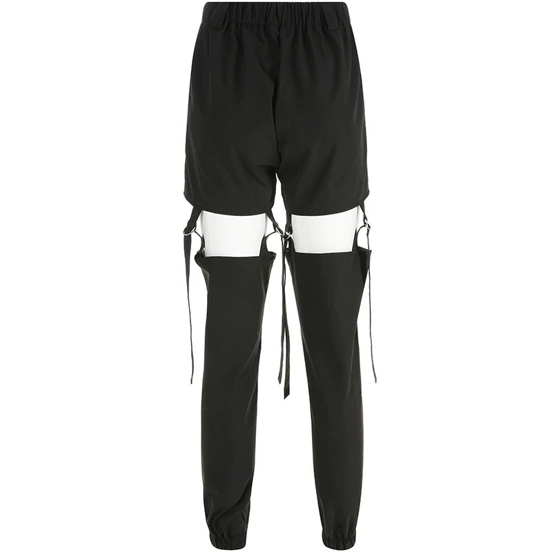 Back view of stylish black high waist cargo pants with buckle details, perfect for street style and dance performances.