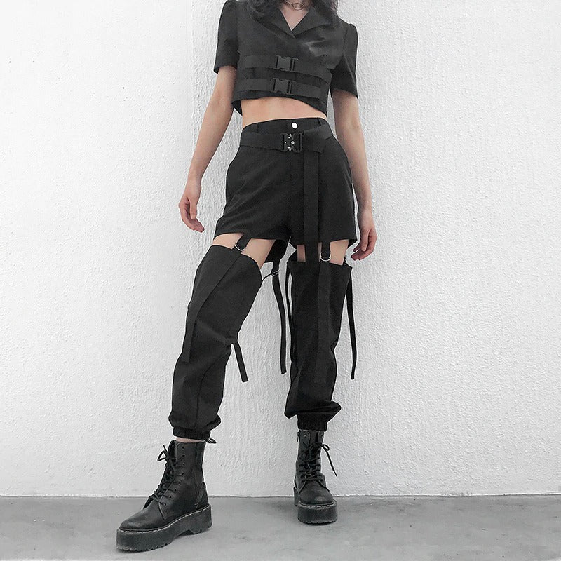 Women in stylish black high waist cargo pants and crop top, ideal for street style, dance, and festivals.