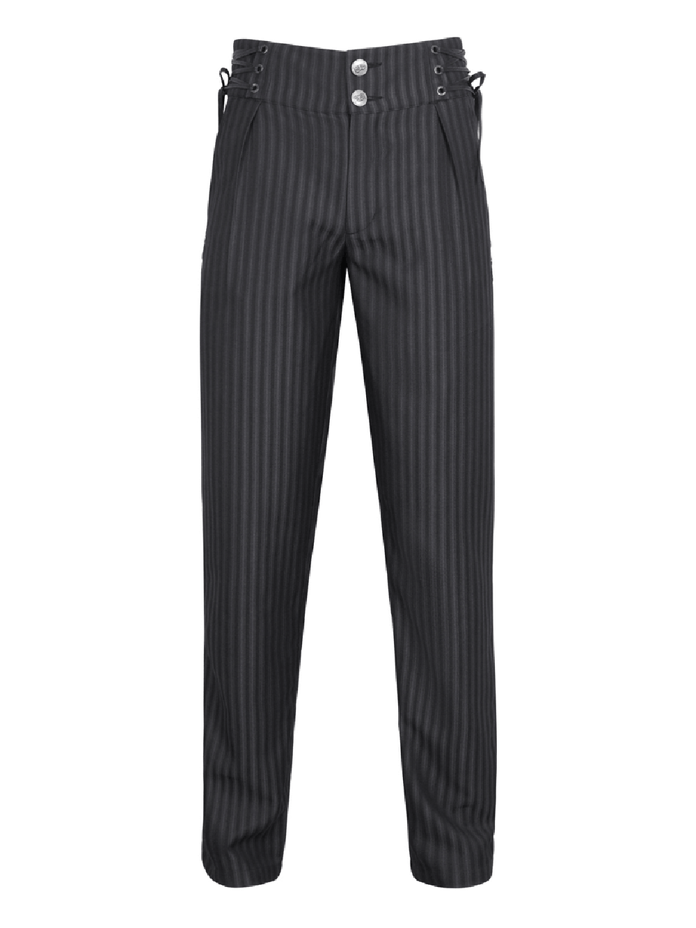 Black high-waisted striped trousers with lace-up side detail, perfect for stylish men on special occasions.