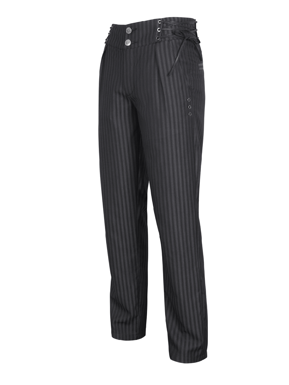 Black high-waisted striped trousers with lace-up sides. Perfect for edgy style on nights out!